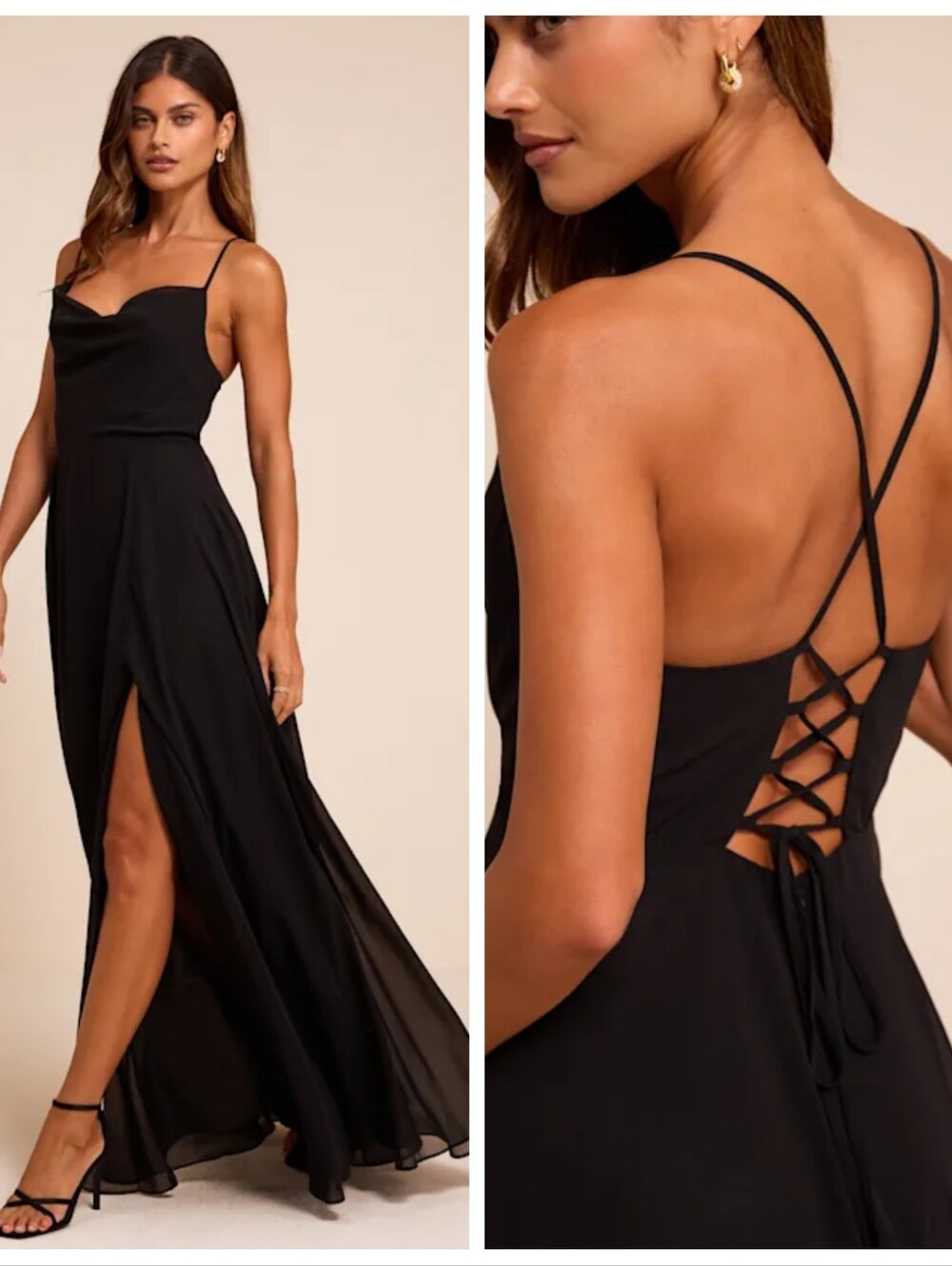 NWT Lulus Romantically Speaking Black Cowl Lace-Up Maxi Dress Women's Medium NEW
